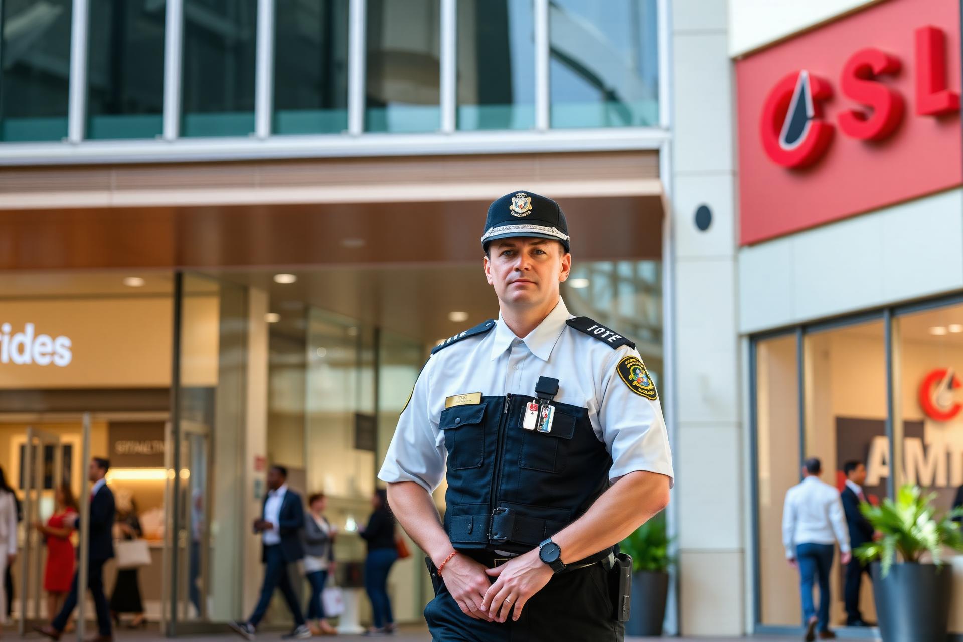 Uniformed Aable Security officer patrolling outside a Los Angeles shopping center storefront