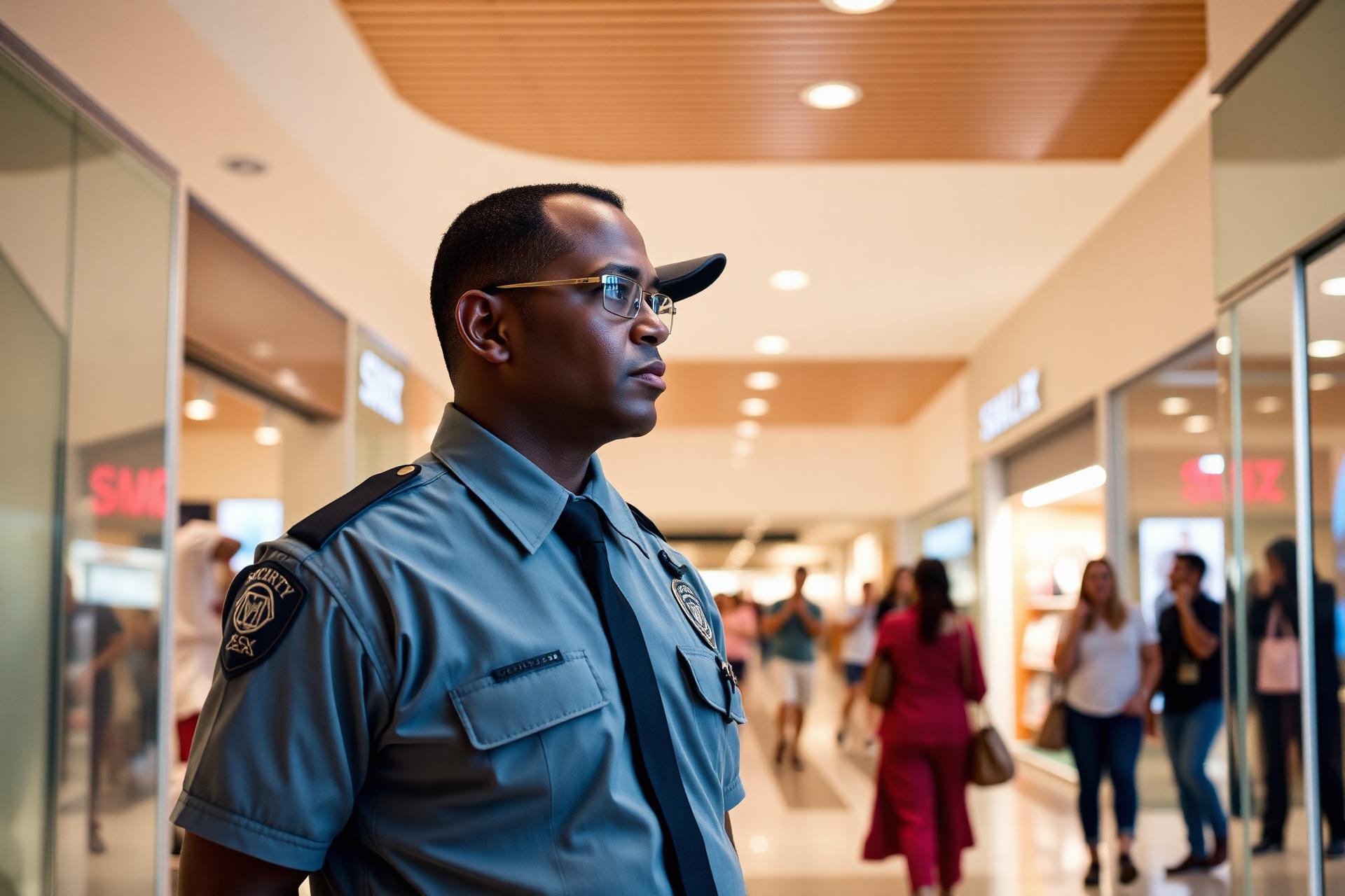 Uniformed loss prevention security officer inside a Los Angeles retail shopping center